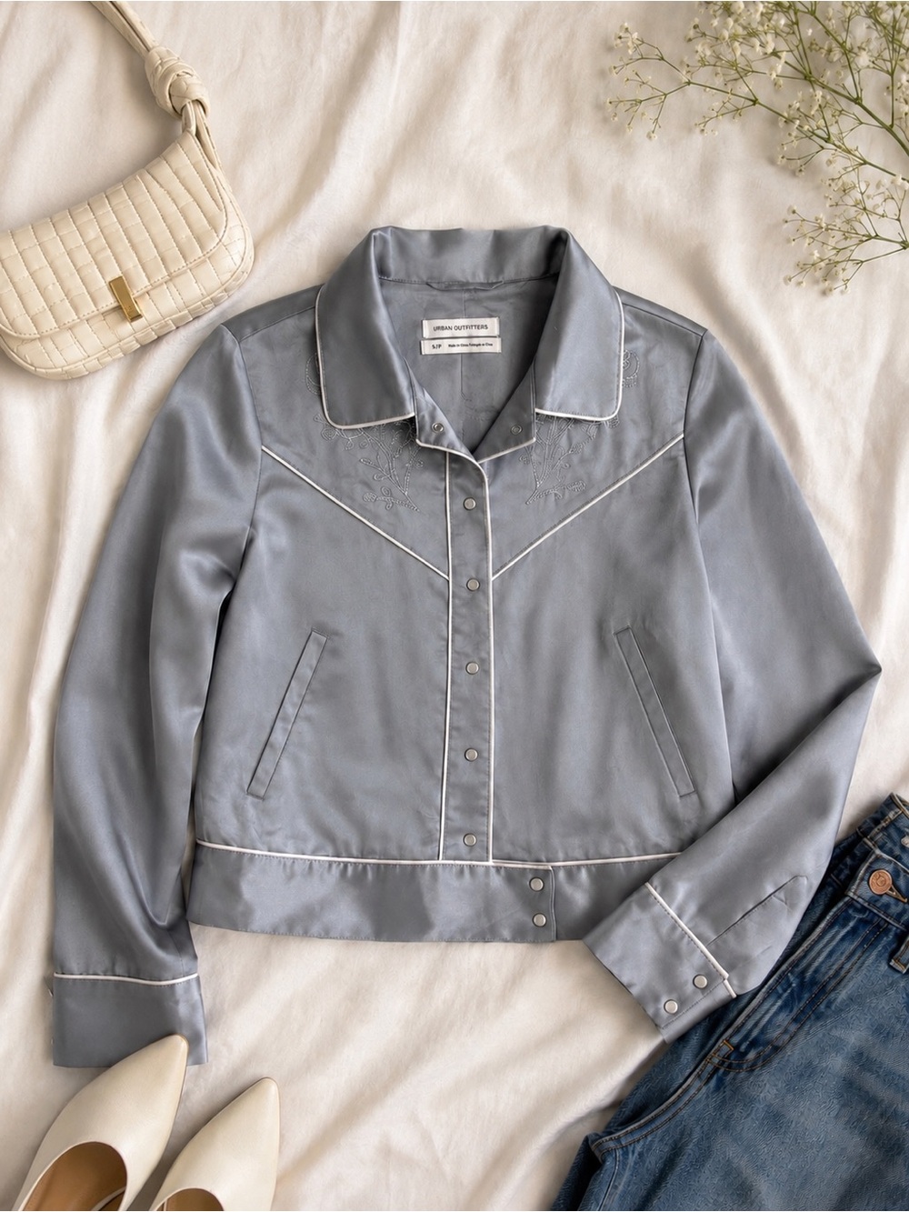 Urban Outfitters Pale Blue Satin Snap-Front Western Jacket